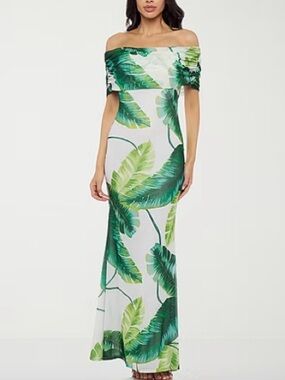 NWT Premier Amour leaf print off-the-shoulder maxi dress tropical